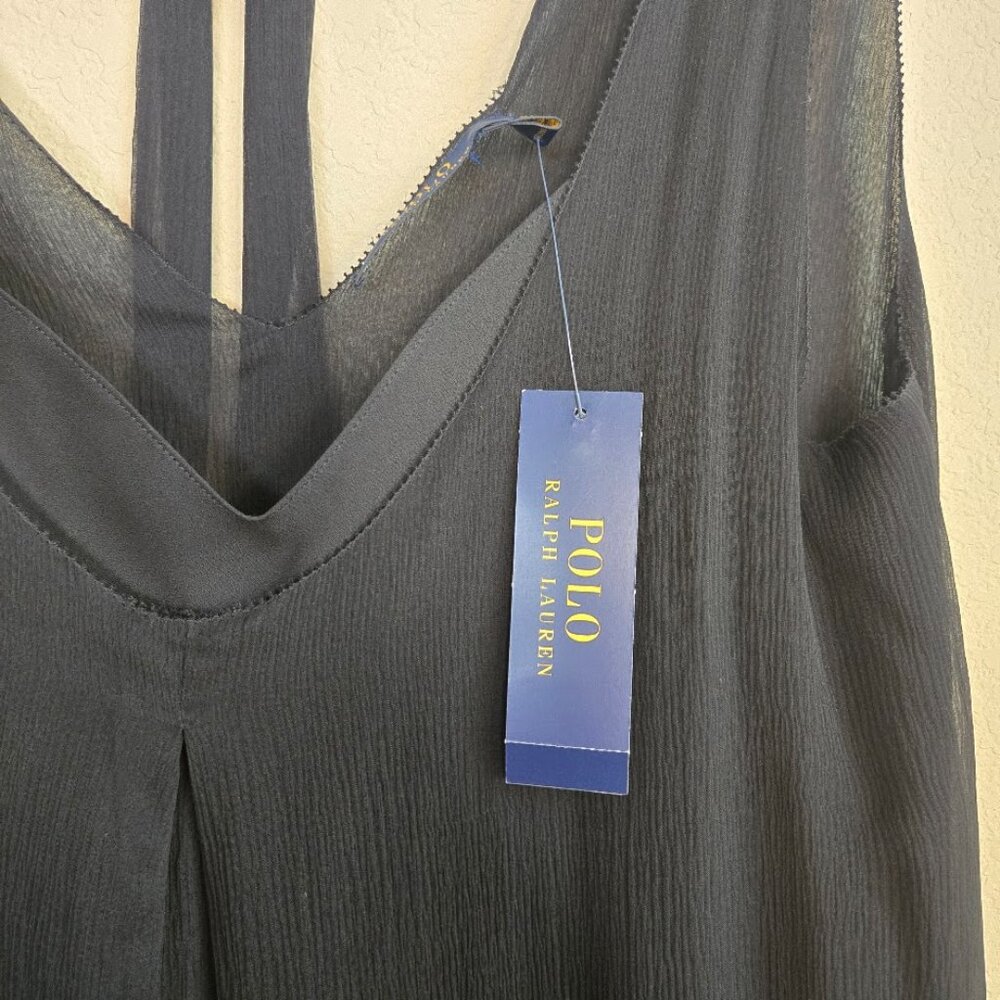 NWT Polo Ralph Lauren Black Sheer 100% Silk Overlay Dress w/ Tie Open Back Sz 10 - Picture 7 of 8